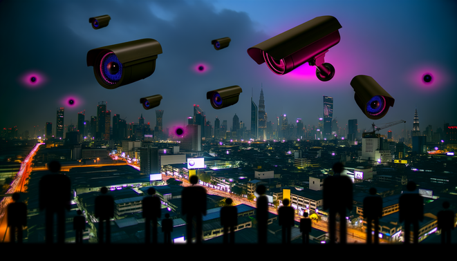 alt_text: A mysterious cityscape at dusk, showcasing surveillance tech, shadowy figures, and striking neon colors.