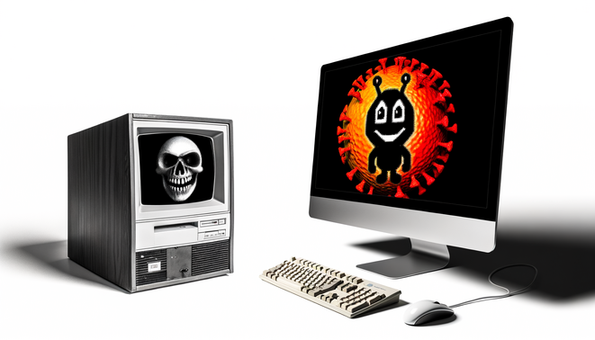 alt_text: A dynamic cover illustrating the evolution of computer viruses from playful to menacing threats.