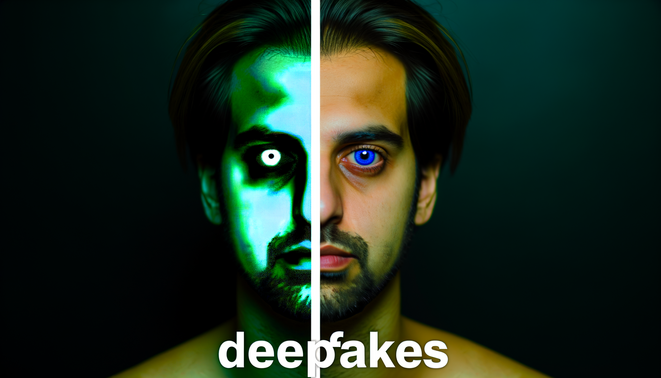 alt_text: A split-face image illustrates deepfakes, blending reality and distortion with a focus on truth vs. deception.